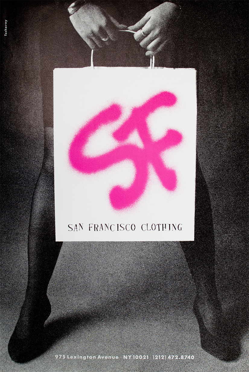 Poster for San Francisco Clothing with grainy photo of woman holding a shopping bag with "SF" spray painted in pink 